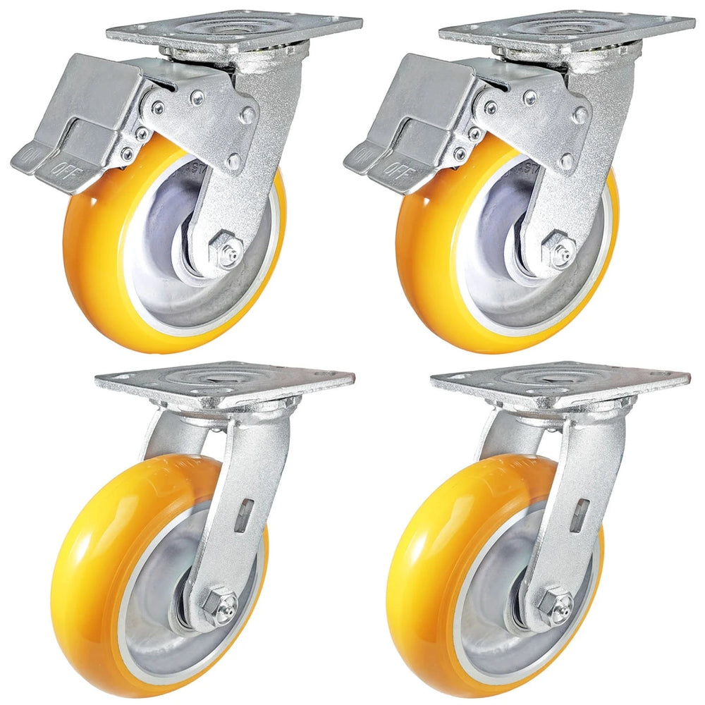 6" x 2" Total Lock Caster Set of 4 | 2 Locking & 2 Swivel with Orange Polyurethane on Aluminum Wheel - 5,000 lbs Capacity Per Set of 4 CasterHQ