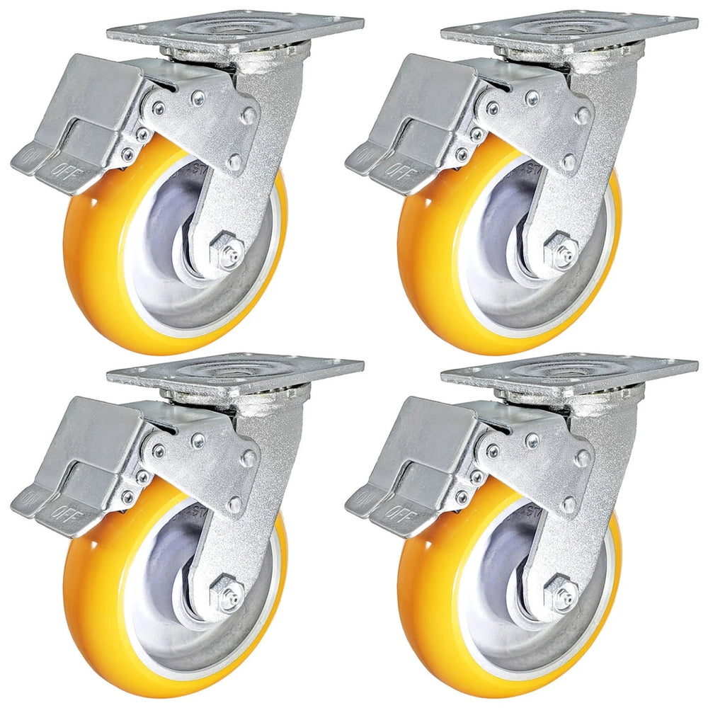 6" x 2" Total Lock Caster Set of 4 with Orange Polyurethane on Aluminum Wheel - 5,000 lbs Capacity Per Set of 4 CasterHQ