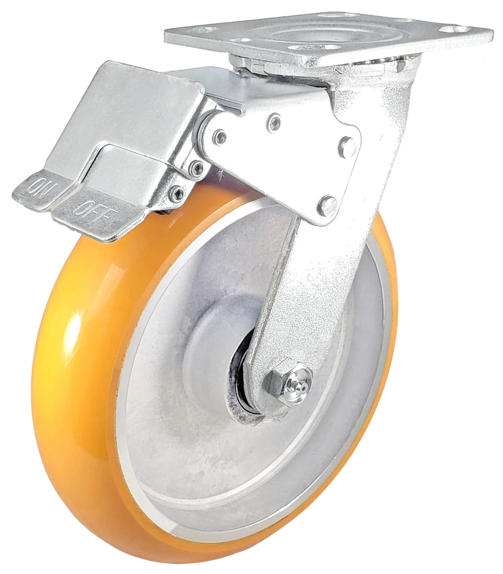 8" x 2" Total Lock Caster with Orange Polyurethane on Aluminum Wheel - 1,250 lbs Capacity CasterHQ