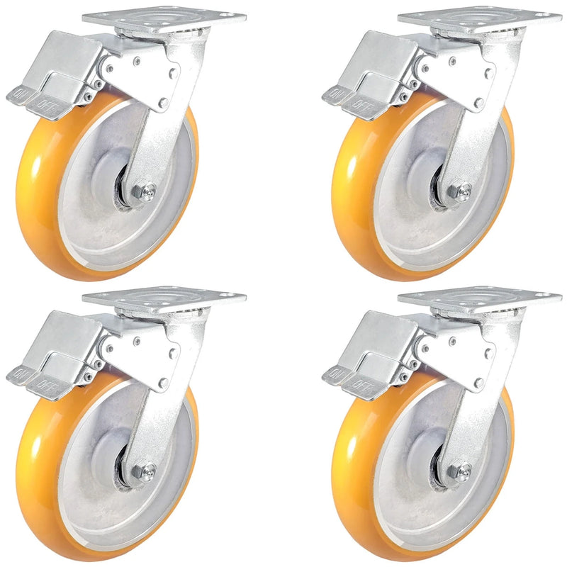 8" x 2" Total Lock Caster  Set of 4 with Orange Polyurethane on Aluminum Wheel - 5,000 lbs Capacity Per Set of 4 CasterHQ