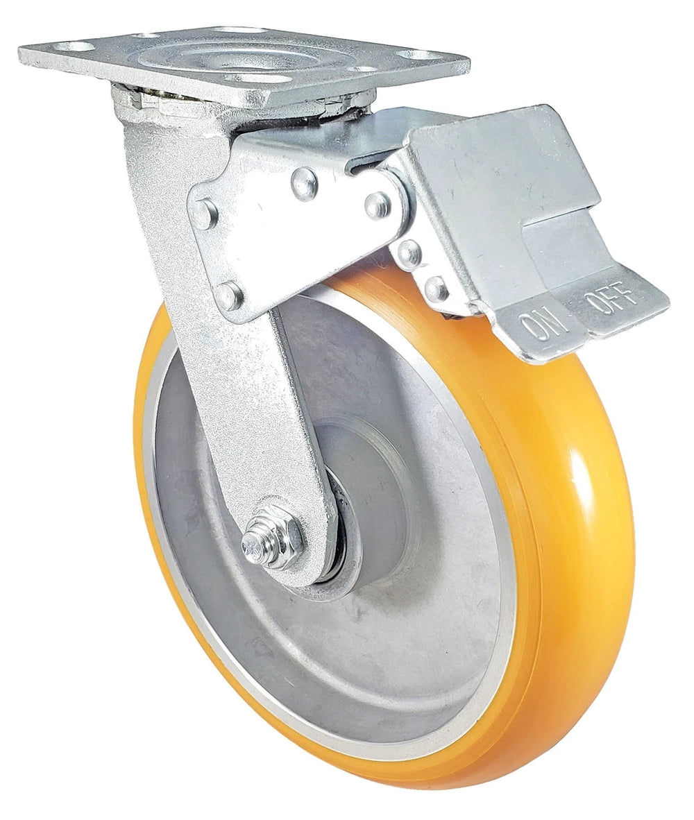 8" x 2" Total Lock Caster  Set of 4 with Orange Polyurethane on Aluminum Wheel - 5,000 lbs Capacity Per Set of 4 CasterHQ