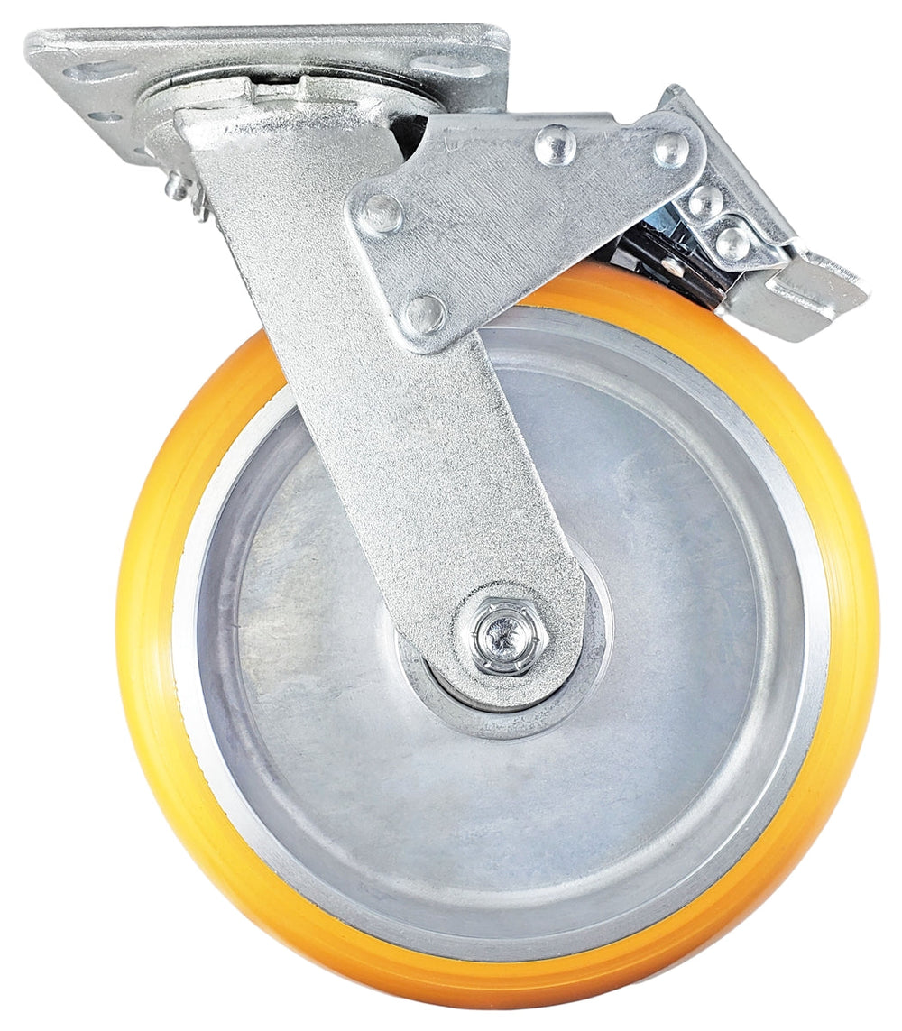8" x 2" Total Lock Caster  Set of 4 with Orange Polyurethane on Aluminum Wheel - 5,000 lbs Capacity Per Set of 4 CasterHQ
