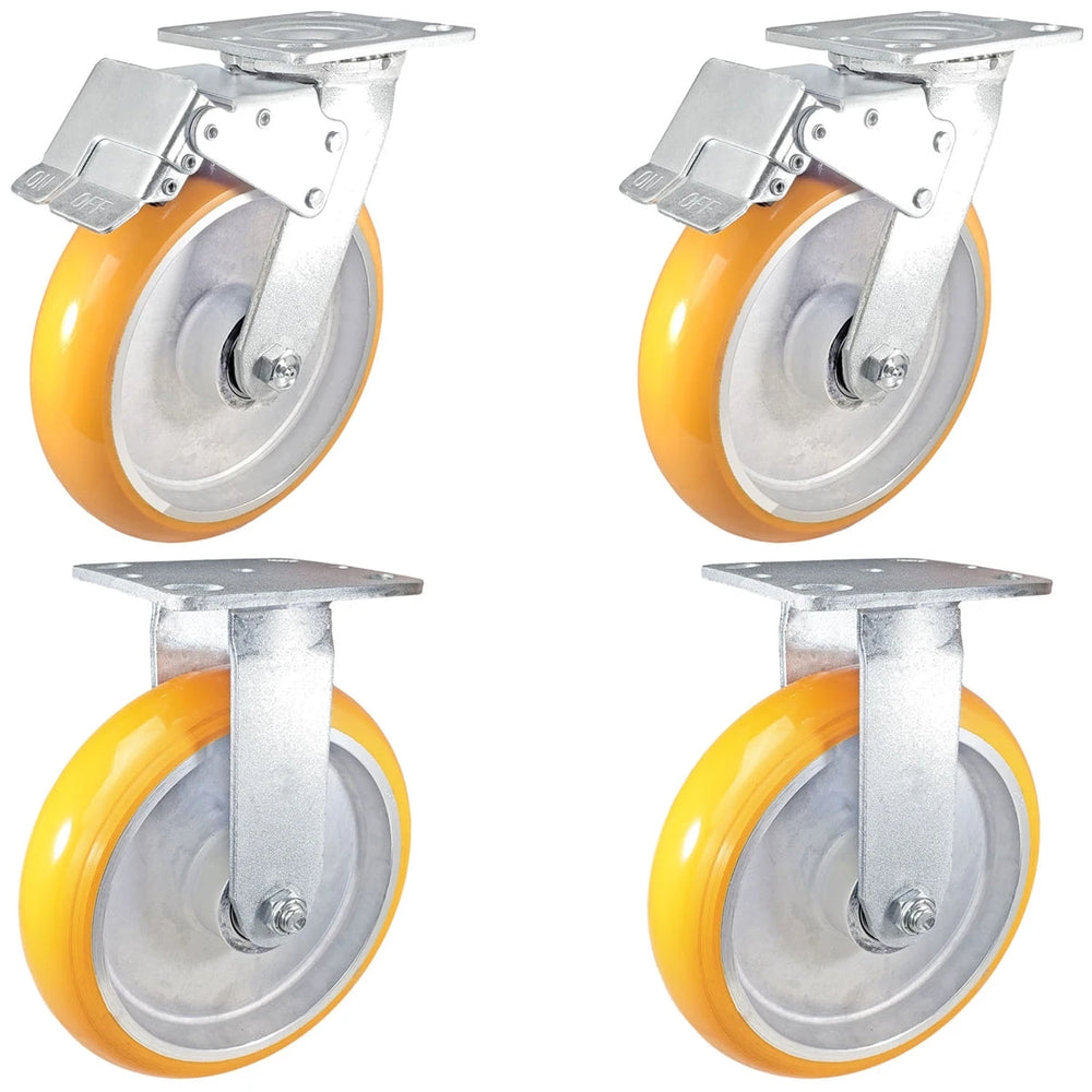 8" x 2" Total Lock Caster Set of 4 | 2 Locking & 2 Rigid Casters with Orange Polyurethane on Aluminum Wheel - 5,000 lbs Capacity Per Set of 4 CasterHQ