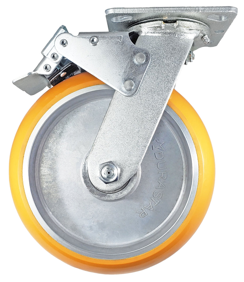 8" x 2" Total Lock Caster Set of 4 | 2 Locking & 2 Rigid Casters with Orange Polyurethane on Aluminum Wheel - 5,000 lbs Capacity Per Set of 4 CasterHQ