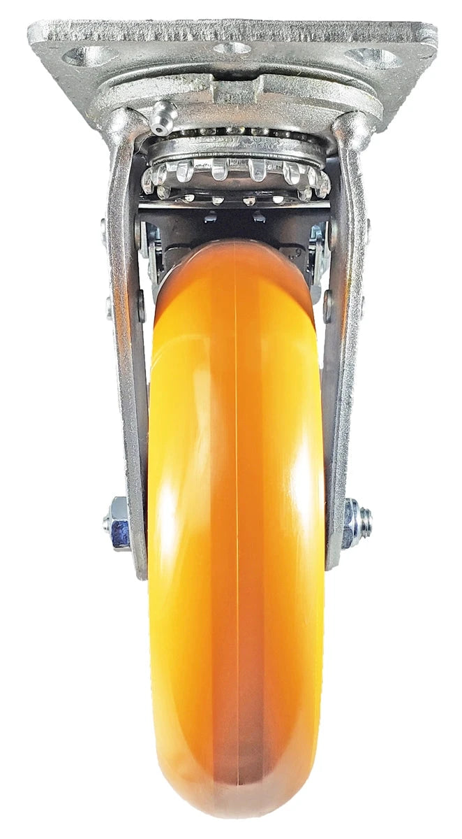 8" x 2" Total Lock Caster Set of 4 | 2 Locking & 2 Rigid Casters with Orange Polyurethane on Aluminum Wheel - 5,000 lbs Capacity Per Set of 4 CasterHQ