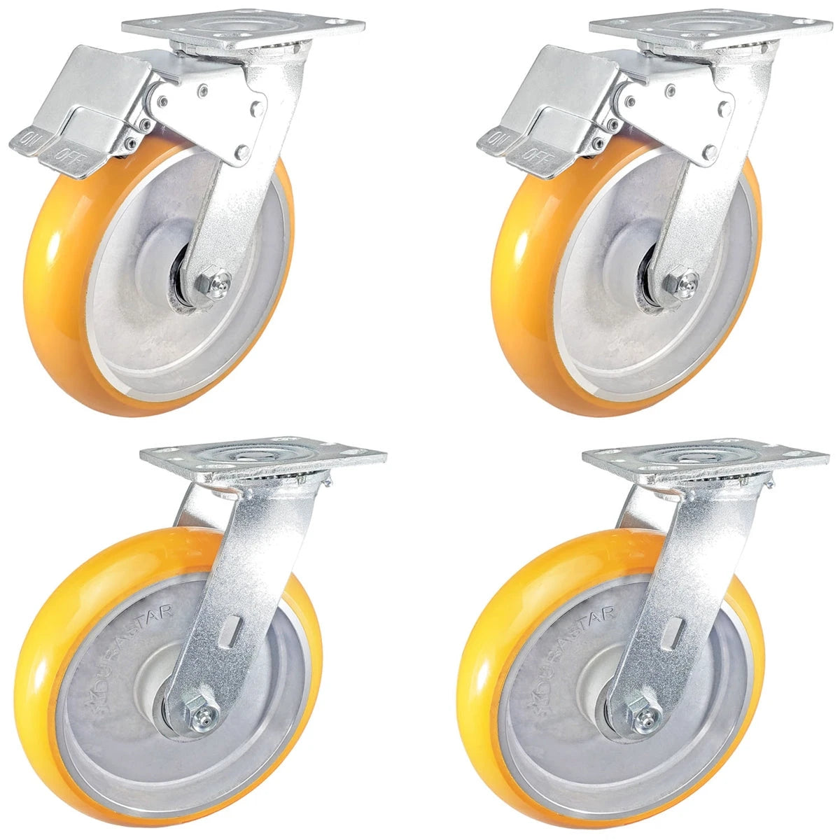 8" x 2" Total Lock Caster Set of 4 | 2 Locking & 2 Swivel Casters with Orange Polyurethane on Aluminum Wheel - 5,000 lbs Capacity Per Set of 4 CasterHQ