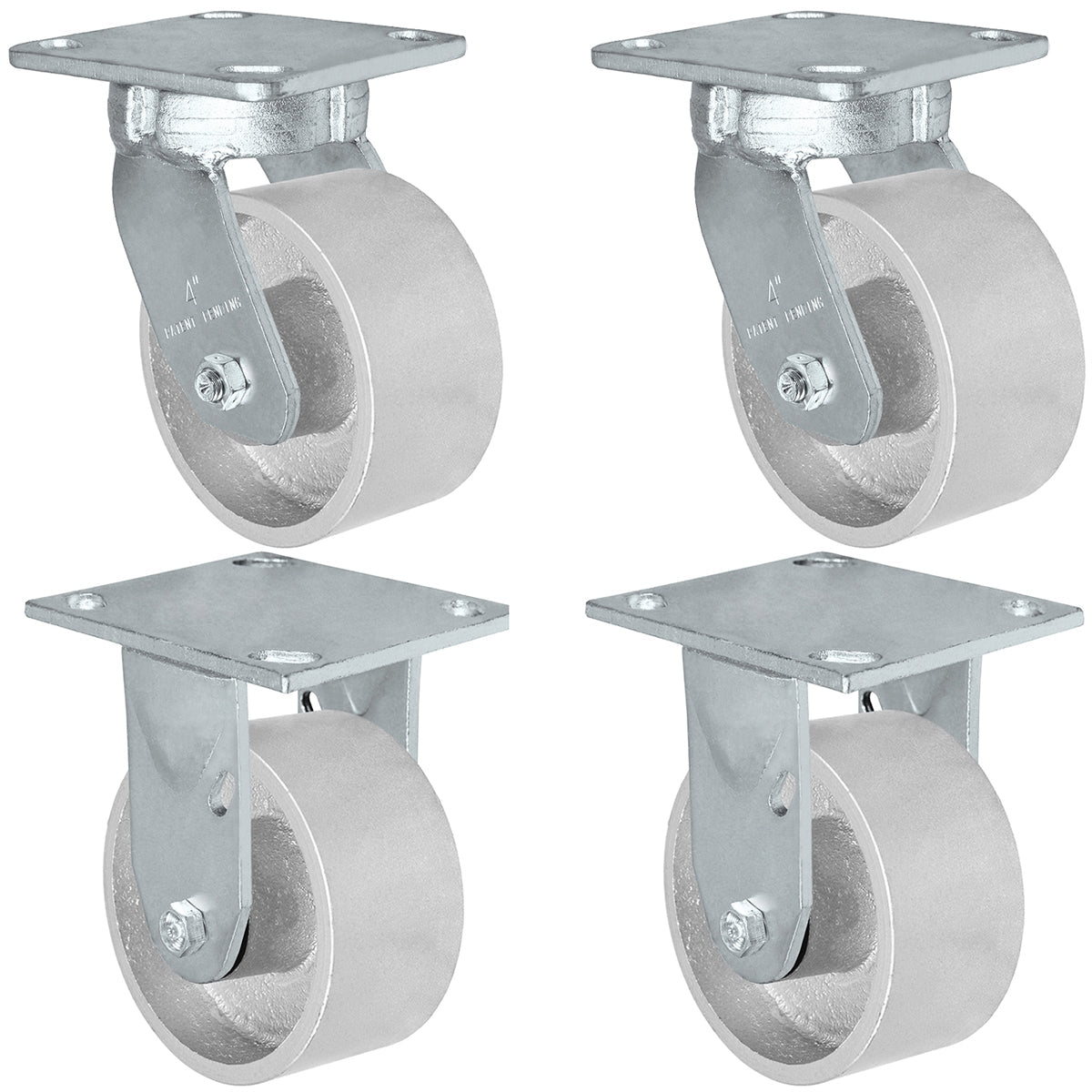 4" x 2" Kingpinless 2 Swivel & 2 Rigid Caster Set of 4 - Semi Steel Gray Iron Wheel -  2,800 lbs Capacity Per Set of 4 CasterHQ