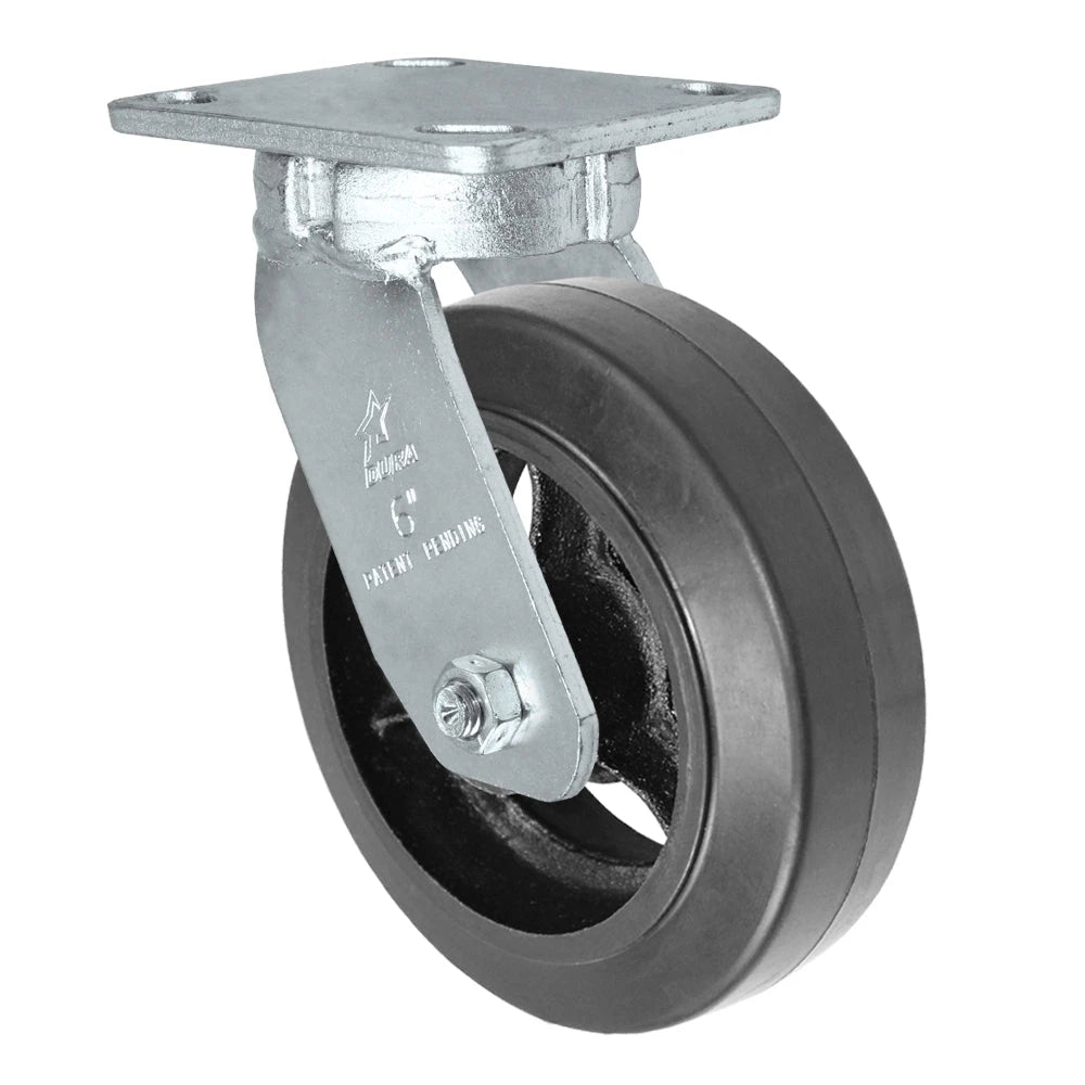 6" x 2" Kingpinless Swivel Plate Caster - Rubber on Steel  Wheel - 550 lbs Capacity Per Caster - 4" x 4-1/2" Top Plate CasterHQ