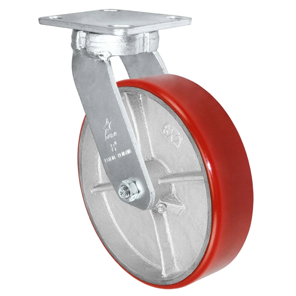 8" x 2" Kingpinless Swivel Plate Caster - Polyurethane on Steel Wheel - 1,400 lbs Capacity Per Caster - 4" x 4-1/2" Top Plate CasterHQ