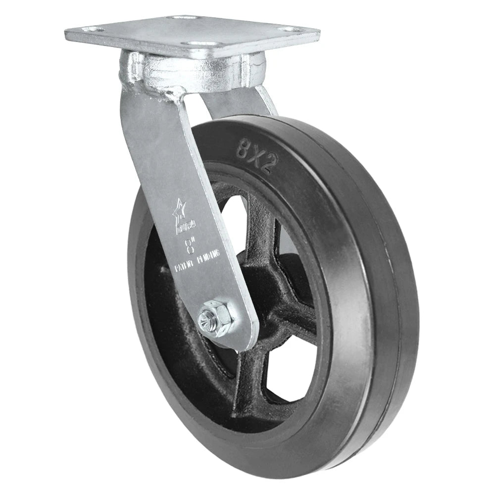 8" x 2" Kingpinless Swivel Plate Caster - Rubber on Steel  Wheel - 600 lbs Capacity Per Caster - 4" x 4-1/2" Top Plate CasterHQ