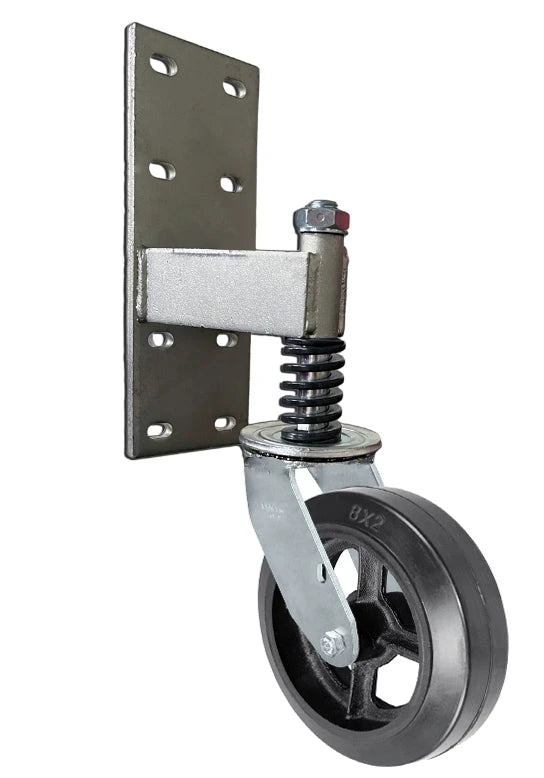 8 Inch Spring Loaded Gate Caster - 600 lbs Capacity | Heavy Duty Rubber on Cast Iron Wheel CasterHQ
