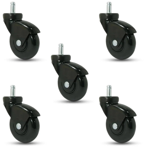 5-Pack 3" Black on Black LUX Swivel Chair Casters - Black Gloss Finish, Polyurethane, Grip Ring Stem CasterHQ