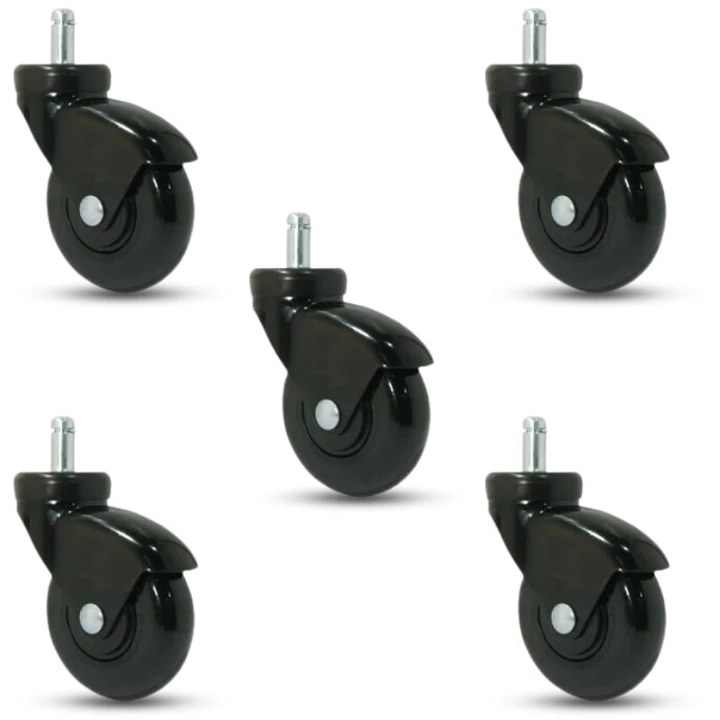 5-Pack 3" Black on Black LUX Swivel Chair Casters - Black Gloss Finish, Polyurethane, Grip Ring Stem CasterHQ