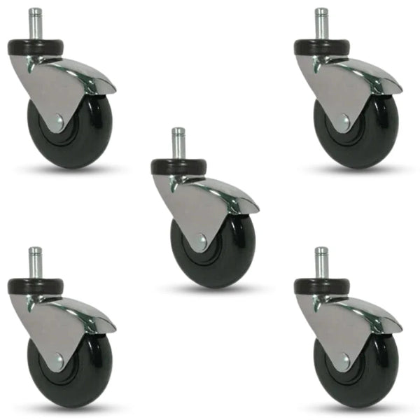 5-Pack 3" Chrome on Black LUX Swivel Chair Casters - Chrome Finish, Black Polyurethane Wheel, Grip Ring Stem CasterHQ