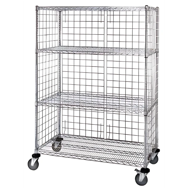 Quantum M2460C46E 4-Tier Wire Shelving Enclosure Cart with Casters, 600 lbs Capacity, Chrome Finish Quantum