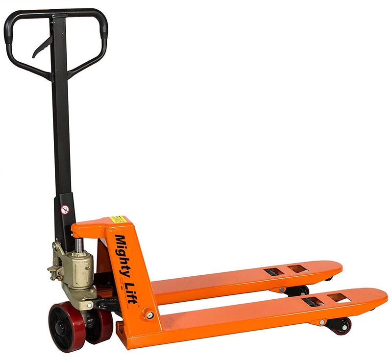 ML2036 Short Narrow Pallet Jack | Wheels Polyurethane on Steel | 20" Width 36" Length | 5500lb. Load Capacity | Orange Color CasterHQ