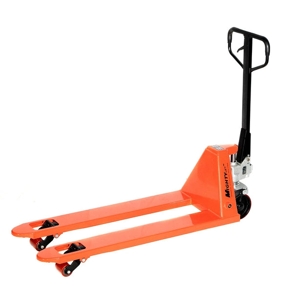ML2048 Short Narrow Pallet Jack | Wheels Polyurethane on Steel | 20" Width 42" Length | 5500lb. Load Capacity | Orange Color CasterHQ
