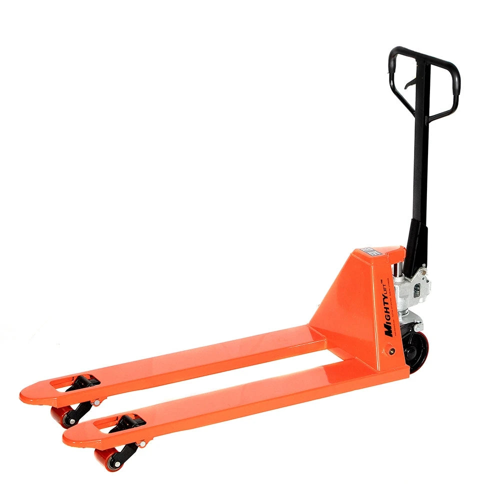 ML2048 Short Narrow Pallet Jack | Wheels Polyurethane on Steel | 20" Width 42" Length | 5500lb. Load Capacity | Orange Color CasterHQ