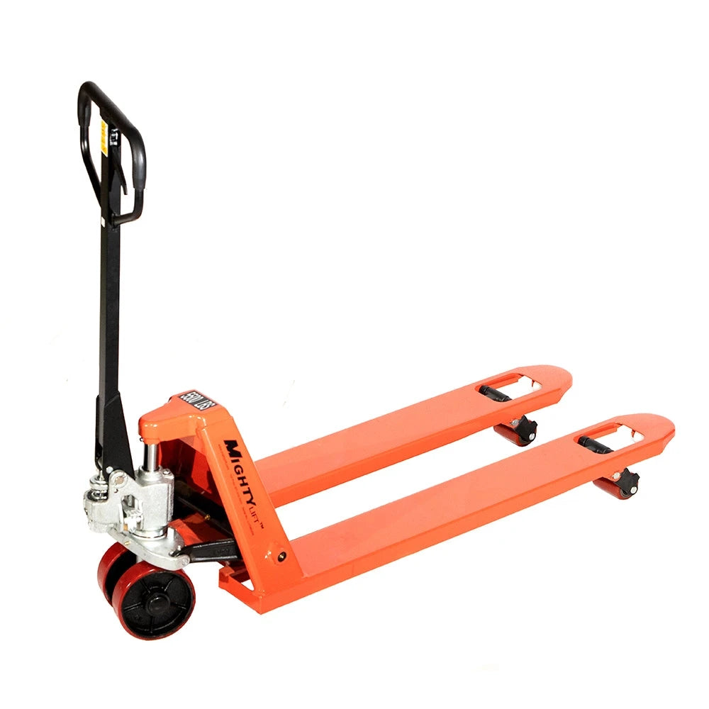 ML2048 Short Narrow Pallet Jack | Wheels Polyurethane on Steel | 20" Width 42" Length | 5500lb. Load Capacity | Orange Color CasterHQ