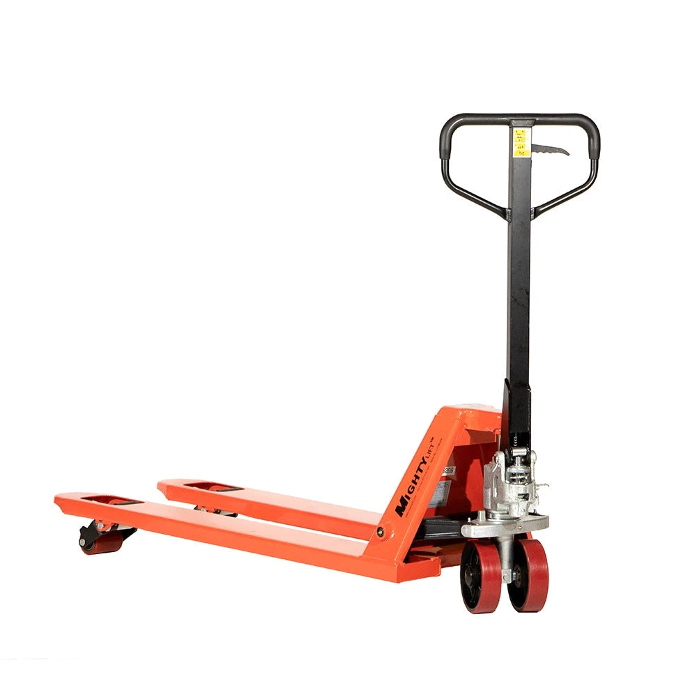 ML2048 Short Narrow Pallet Jack | Wheels Polyurethane on Steel | 20" Width 42" Length | 5500lb. Load Capacity | Orange Color CasterHQ
