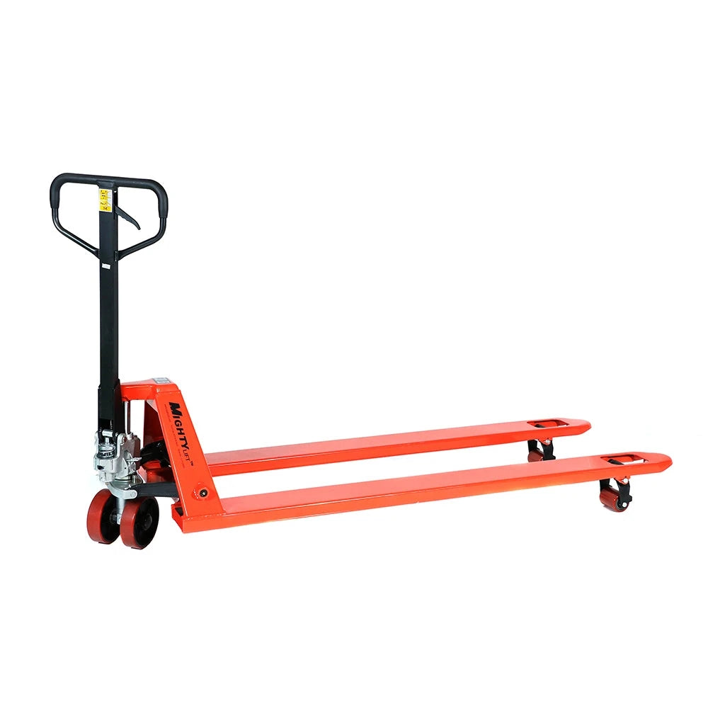 ML2772 Long Pallet Jack | Wheels Polyurethane on Steel | 27" Width 72" Length | 3,300 lb. Load Capacity | Orange Color CasterHQ
