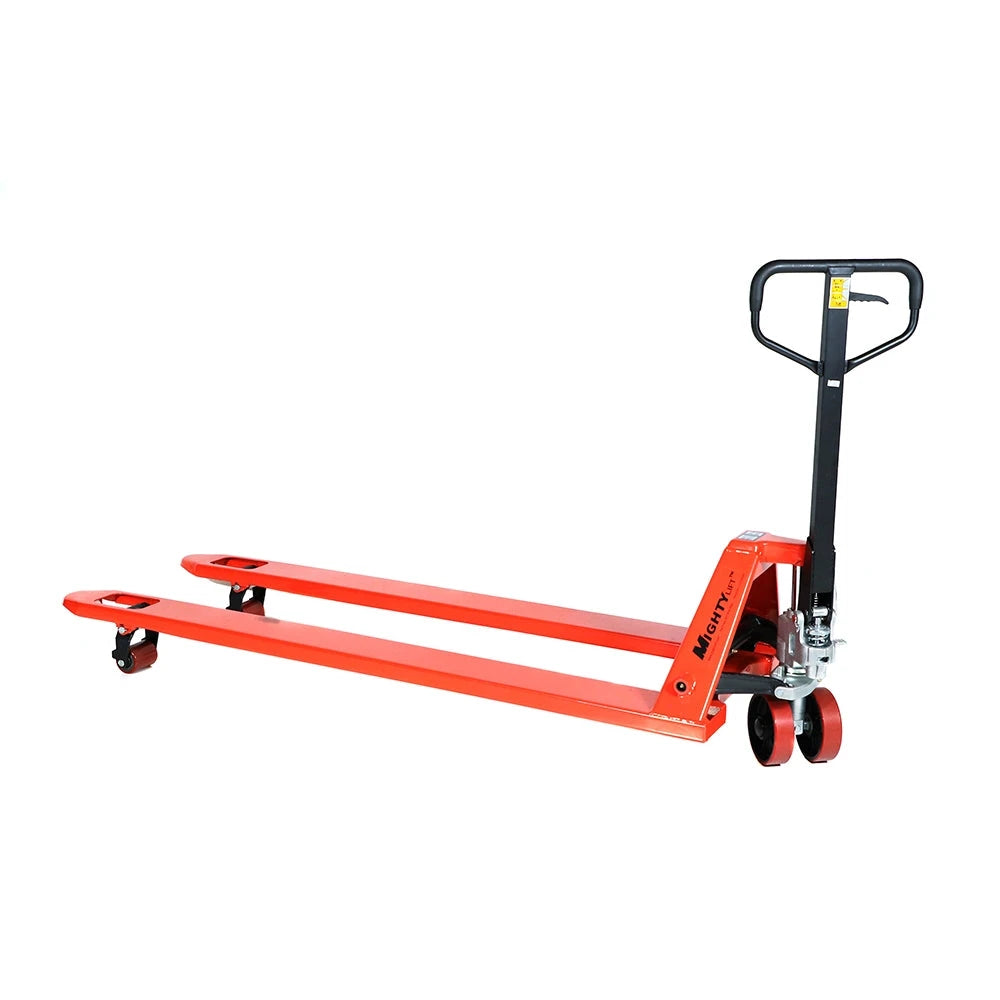 ML2772 Long Pallet Jack | Wheels Polyurethane on Steel | 27" Width 72" Length | 3,300 lb. Load Capacity | Orange Color CasterHQ