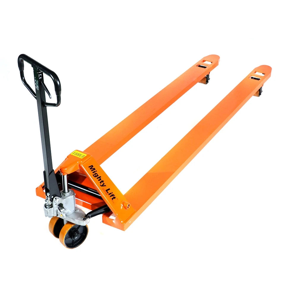ML2796 Long Pallet Jack | Wheels Polyurethane on Steel | 27" Width 96" Length | 4,400 lb. Load Capacity | Orange Color CasterHQ