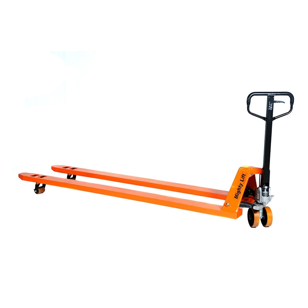 ML2796 Long Pallet Jack | Wheels Polyurethane on Steel | 27" Width 96" Length | 4,400 lb. Load Capacity | Orange Color CasterHQ