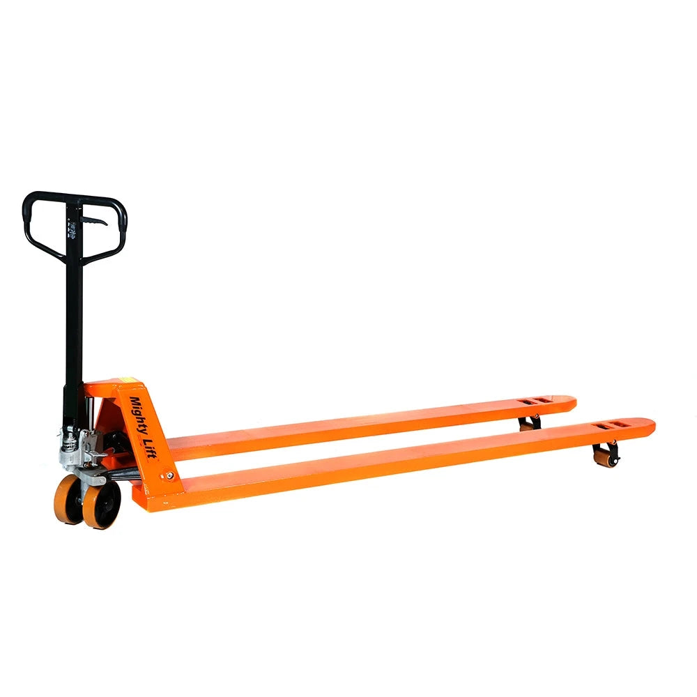 ML2796 Long Pallet Jack | Wheels Polyurethane on Steel | 27" Width 96" Length | 4,400 lb. Load Capacity | Orange Color CasterHQ