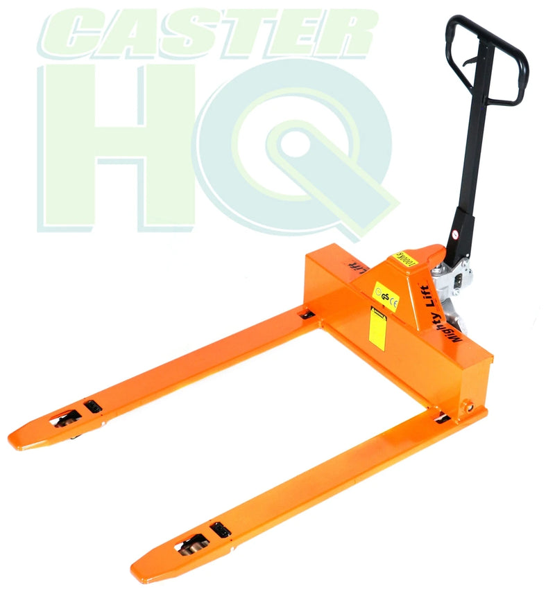 ML3348LP 4-Way Pallet Jack Truck | Wheels Polyurethane on Steel | 50" Height | 33" Width | 48" Length | 3300 lb. Load Capacity | Orange Color CasterHQ