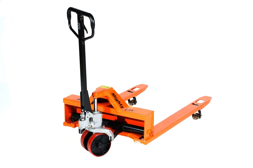 ML3348LP 4-Way Pallet Jack Truck | Wheels Polyurethane on Steel | 50" Height | 33" Width | 48" Length | 3300 lb. Load Capacity | Orange Color CasterHQ