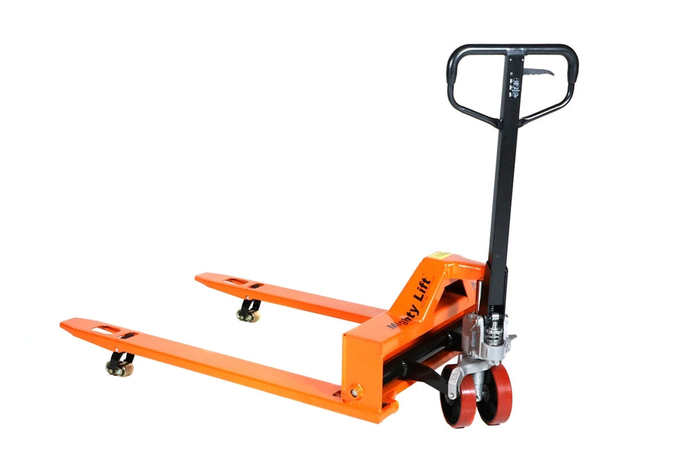 ML3348LP 4-Way Pallet Jack Truck | Wheels Polyurethane on Steel | 50" Height | 33" Width | 48" Length | 3300 lb. Load Capacity | Orange Color CasterHQ