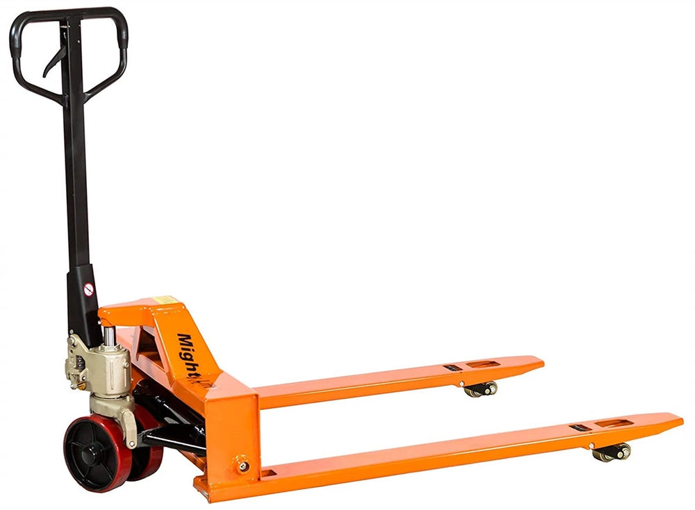 ML3348LP 4-Way Pallet Jack Truck | Wheels Polyurethane on Steel | 50" Height | 33" Width | 48" Length | 3300 lb. Load Capacity | Orange Color CasterHQ