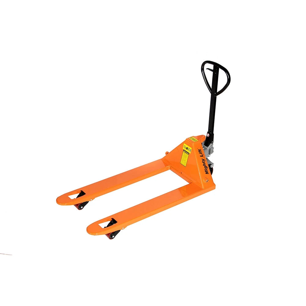 ML55-3 HEAVY DUTY PALLET JACK TRUCK | WHEELS POLYURETHANE ON STEEL | 50" HEIGHT | 27" WIDTH | 48" LENGTH | 5500 LB. LOAD CAPACITY | ORANGE COLOR CasterHQ