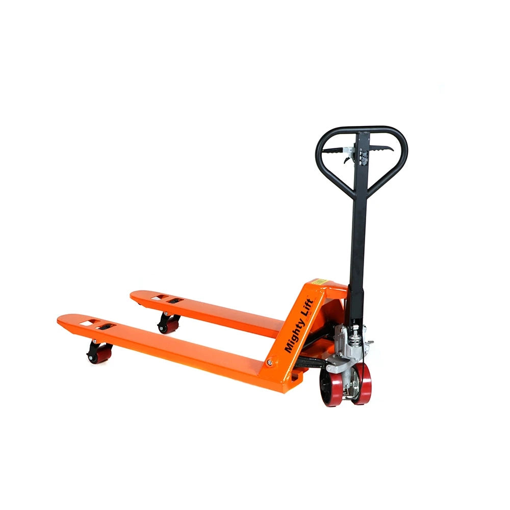ML55HB Heavy Duty Pallet Jack Truck | Wheels Polyurethane on Steel | 50" Height | 27" Width | 48" Length | 5500 lb. Load Capacity | Orange Color CasterHQ