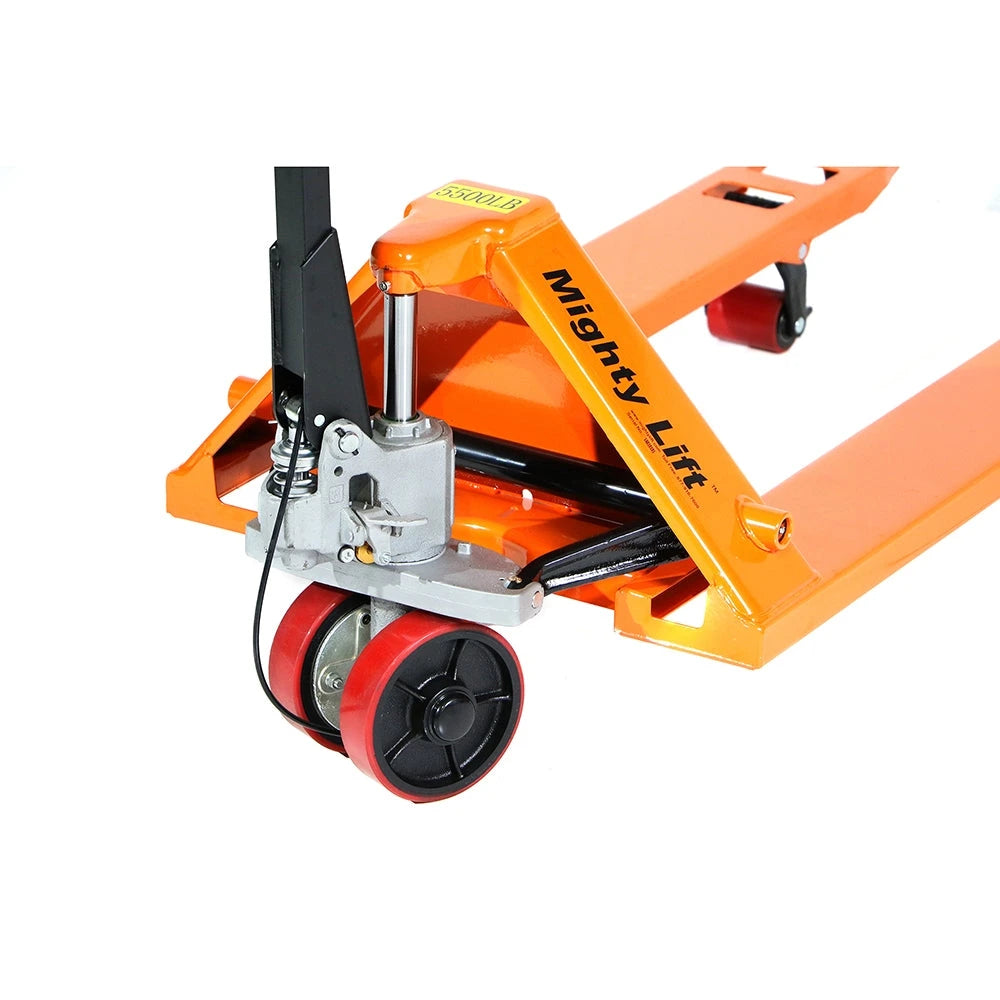 ML55HB Heavy Duty Pallet Jack Truck | Wheels Polyurethane on Steel | 50" Height | 27" Width | 48" Length | 5500 lb. Load Capacity | Orange Color CasterHQ