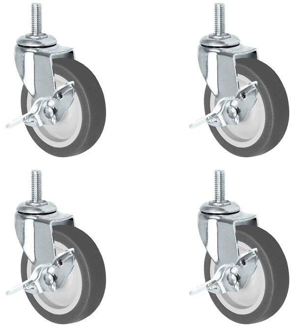 Universal Steel Wire Post Shelving Caster Set | 3" Thermo Rubber Wheel | 3/8" Threaded Stem - 4 Locking Swivel CasterHQ