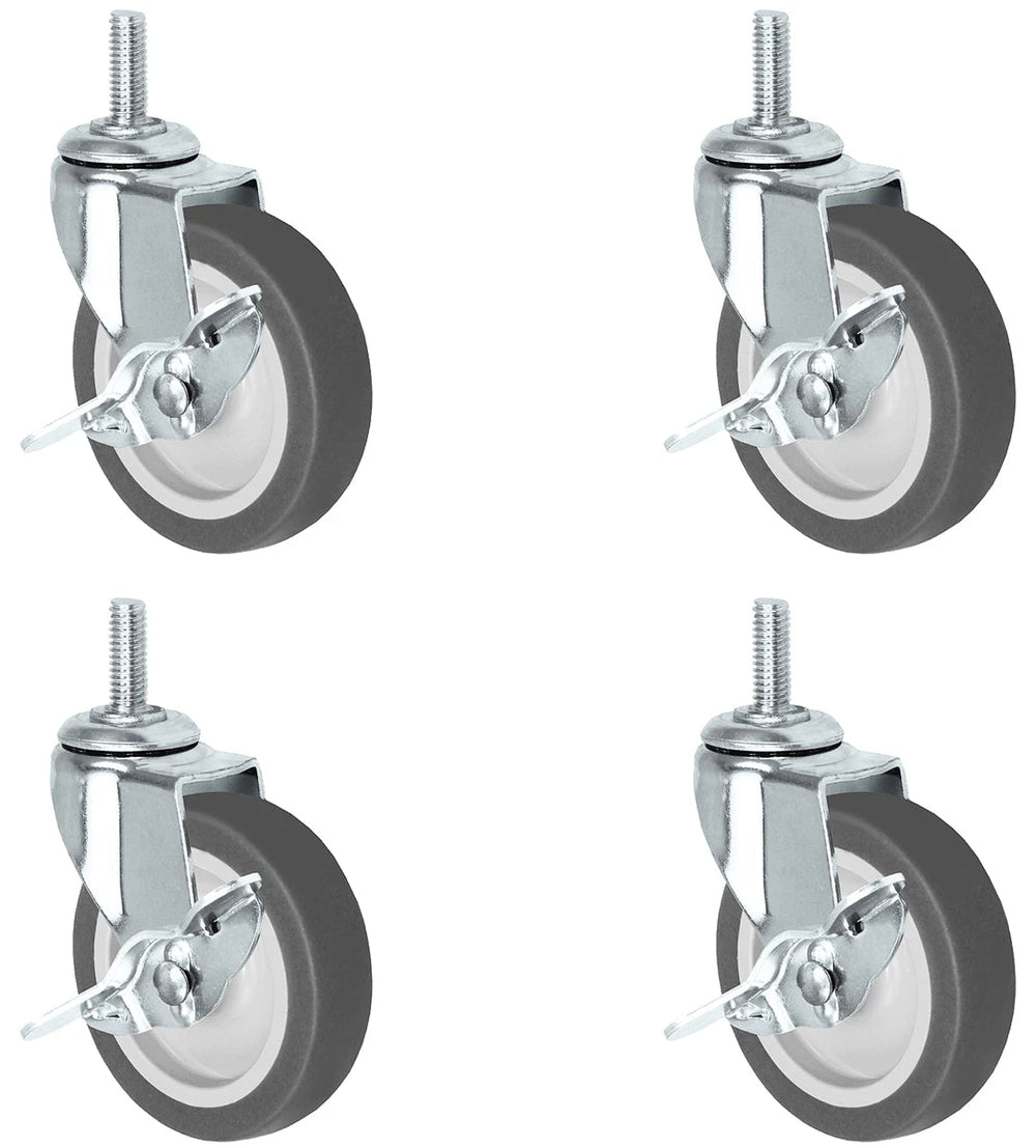 Universal Steel Wire Post Shelving Caster Set | 3" Thermo Rubber Wheel | 3/8" Threaded Stem - 4 Locking Swivel CasterHQ