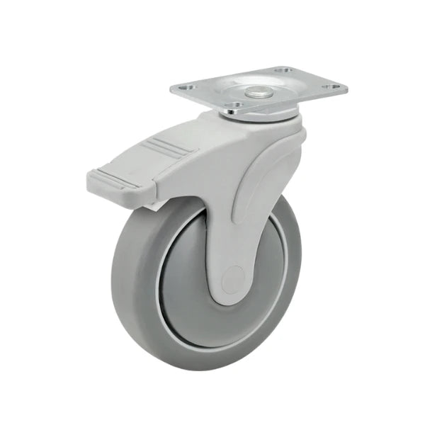 Faultless Medical 4" x 1-1/4" Grey QuikStart Rubber Swivel Caster with Total Lock Brake - 2-1/2" x 3-5/8" Top Plate, 275 lbs Capacity | SKU: NG-04QDP-125-TL-TP01 Faultless
