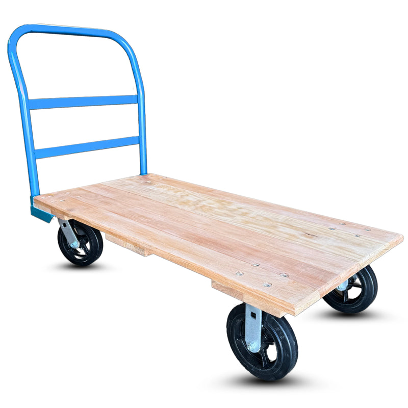 24 Inch x 48 Inch Oak Platform Truck - 2000 lbs Capacity | Blue Handle | 8 Inch Rubber Wheels | USA-Made CasterHQ