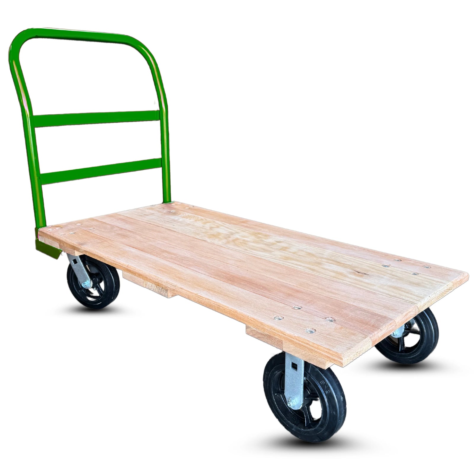 24 Inch x 48 Inch Oak Platform Truck - 2000 lbs Capacity | Green Handle | 8 Inch Rubber Wheels | USA-Made CasterHQ