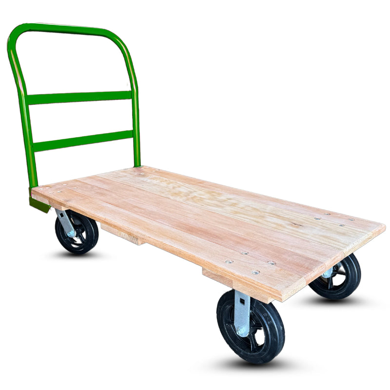 24 Inch x 48 Inch Oak Platform Truck - 2000 lbs Capacity | Green Handle | 8 Inch Rubber Wheels | USA-Made CasterHQ