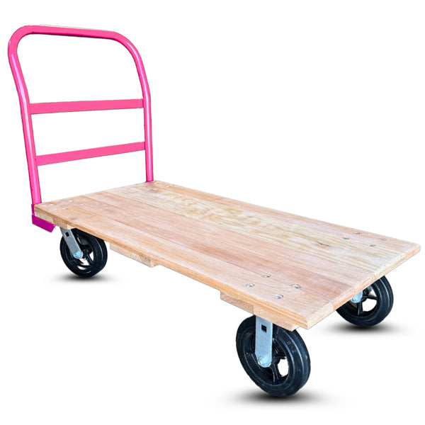 24 Inch x 48 Inch Oak Platform Truck - 2000 lbs Capacity | Pink Handle | 8 Inch Rubber Wheels | USA-Made CasterHQ
