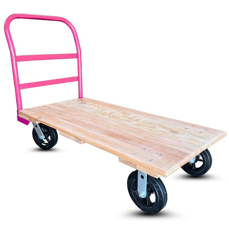 24 Inch x 48 Inch Oak Platform Truck - 2000 lbs Capacity | Pink Handle | 8 Inch Rubber Wheels | USA-Made CasterHQ