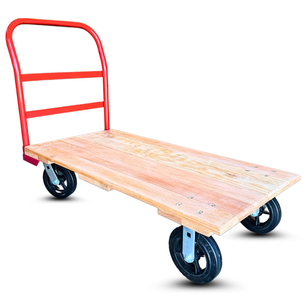 24 Inch x 48 Inch Oak Platform Truck - 2000 lbs Capacity | Red Handle | 8 Inch Rubber Wheels | USA-Made CasterHQ