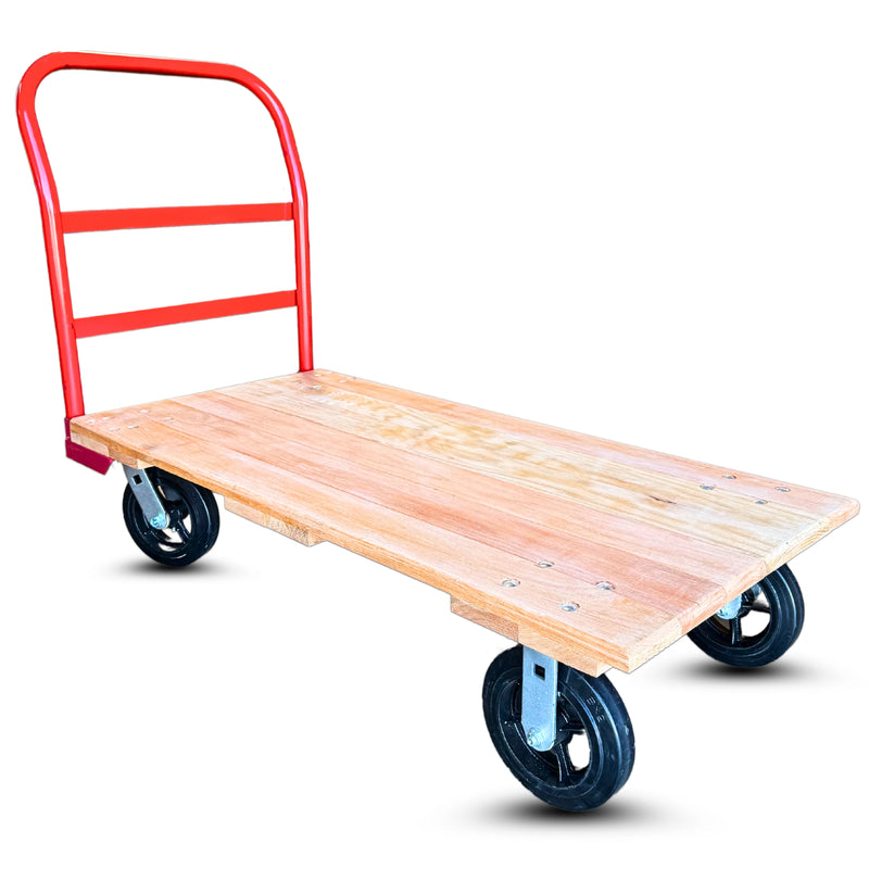 24 Inch x 48 Inch Oak Platform Truck - 2000 lbs Capacity | Red Handle | 8 Inch Rubber Wheels | USA-Made CasterHQ