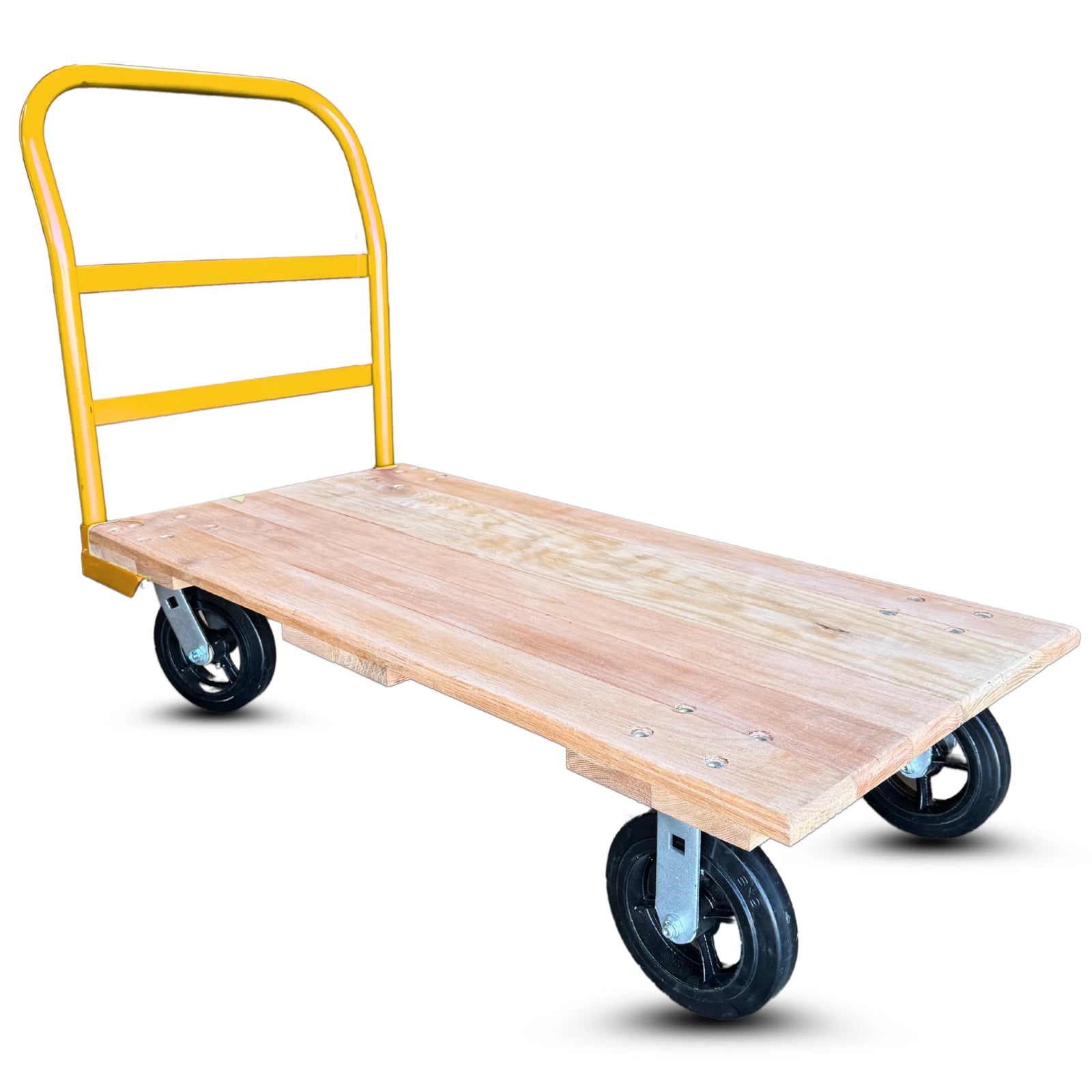 24 Inch x 48 Inch Oak Platform Truck - 2000 lbs Capacity | Yellow Handle | 8 Inch Rubber Wheels | USA-Made CasterHQ