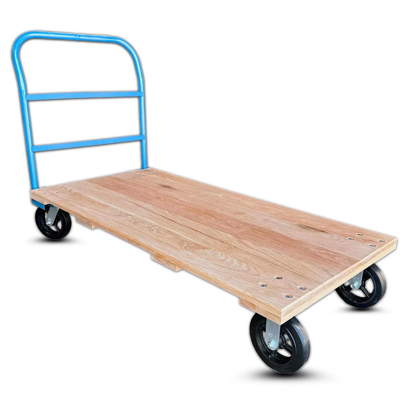 30 Inch x 60 Inch Oak Platform Truck - 2000 lbs Capacity | Blue Handle | 8 Inch Rubber Wheels | USA-Made CasterHQ
