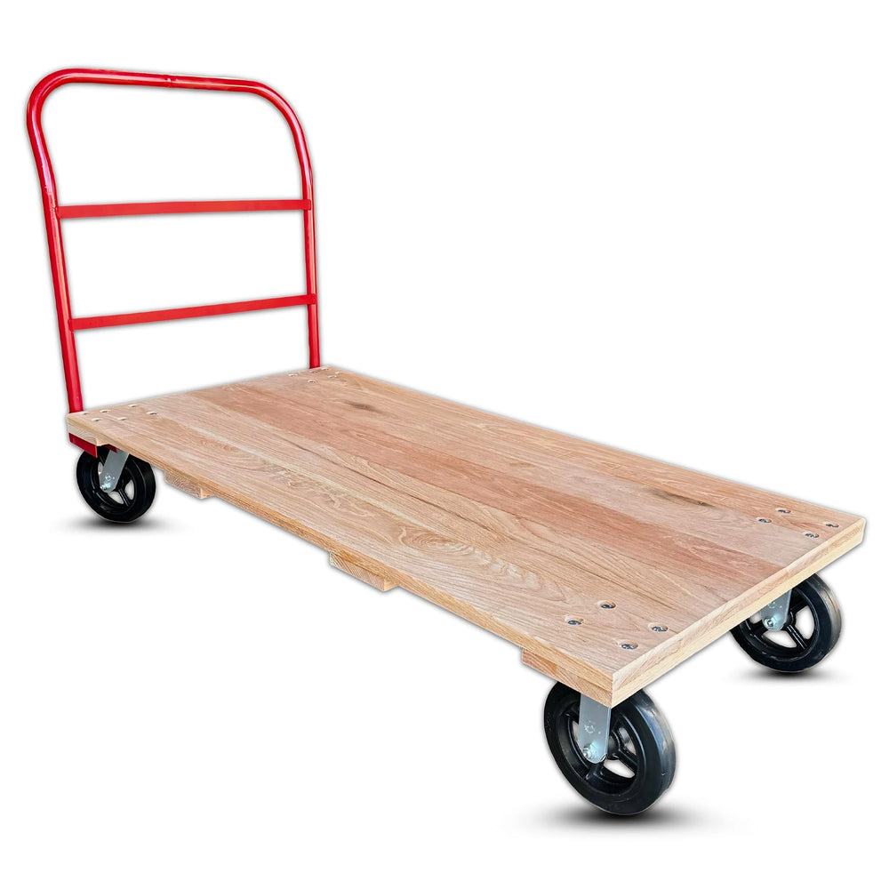 30 Inch x 60 Inch Oak Platform Truck - 2000 lbs Capacity | Red Handle | 8 Inch Rubber Wheels | USA-Made CasterHQ