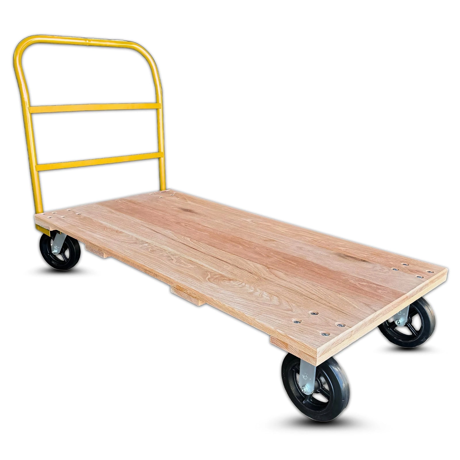 30 Inch x 60 Inch Oak Platform Truck - 2000 lbs Capacity | Yellow Handle | 8 Inch Rubber Wheels | USA-Made CasterHQ